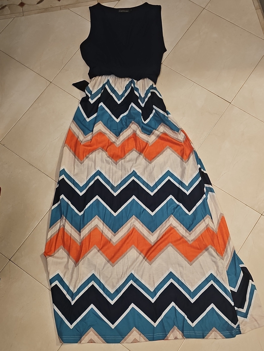 Sleeveless Chevron Maxi Dress in Navy, Blue, Orange - Casual Women’s Dress